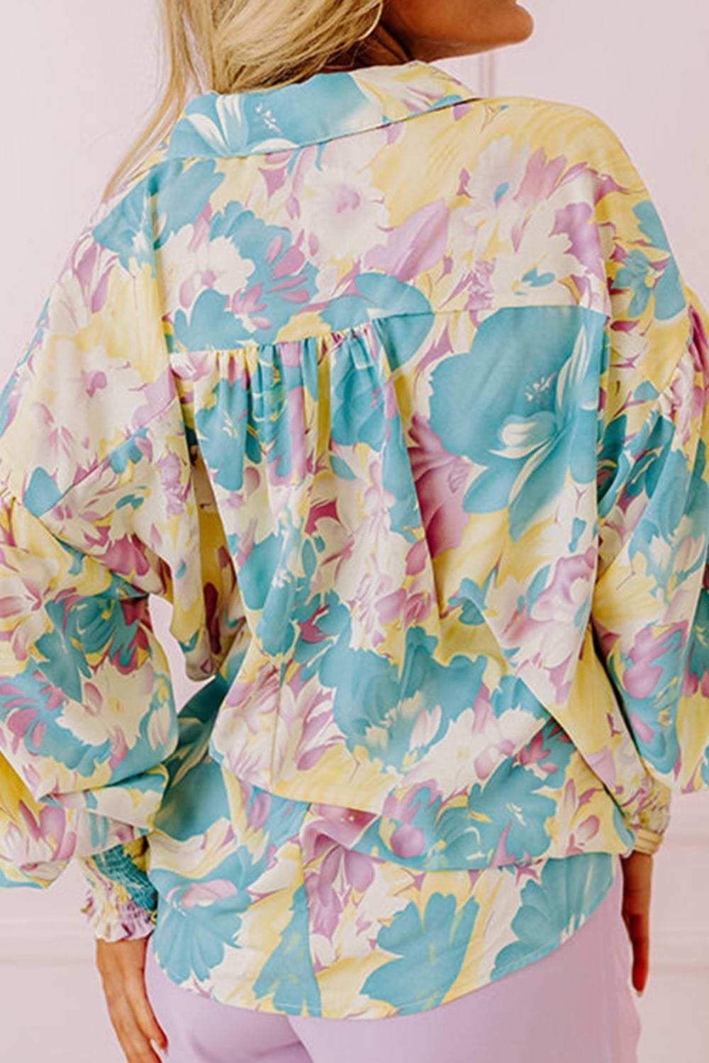 Printed Button Down Lantern Sleeve Shirt - Trendsi - Flyclothing LLC