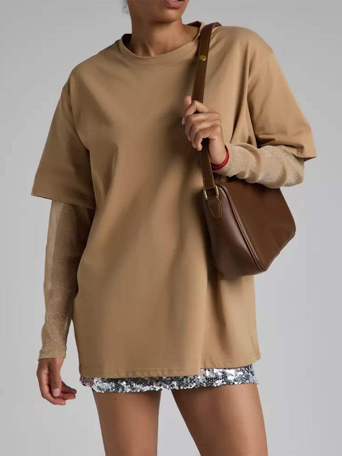 Faux Layered Round Neck Mesh Sleeve Top - Trendsi - Flyclothing LLC