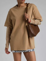 Faux Layered Round Neck Mesh Sleeve Top - Trendsi - Flyclothing LLC