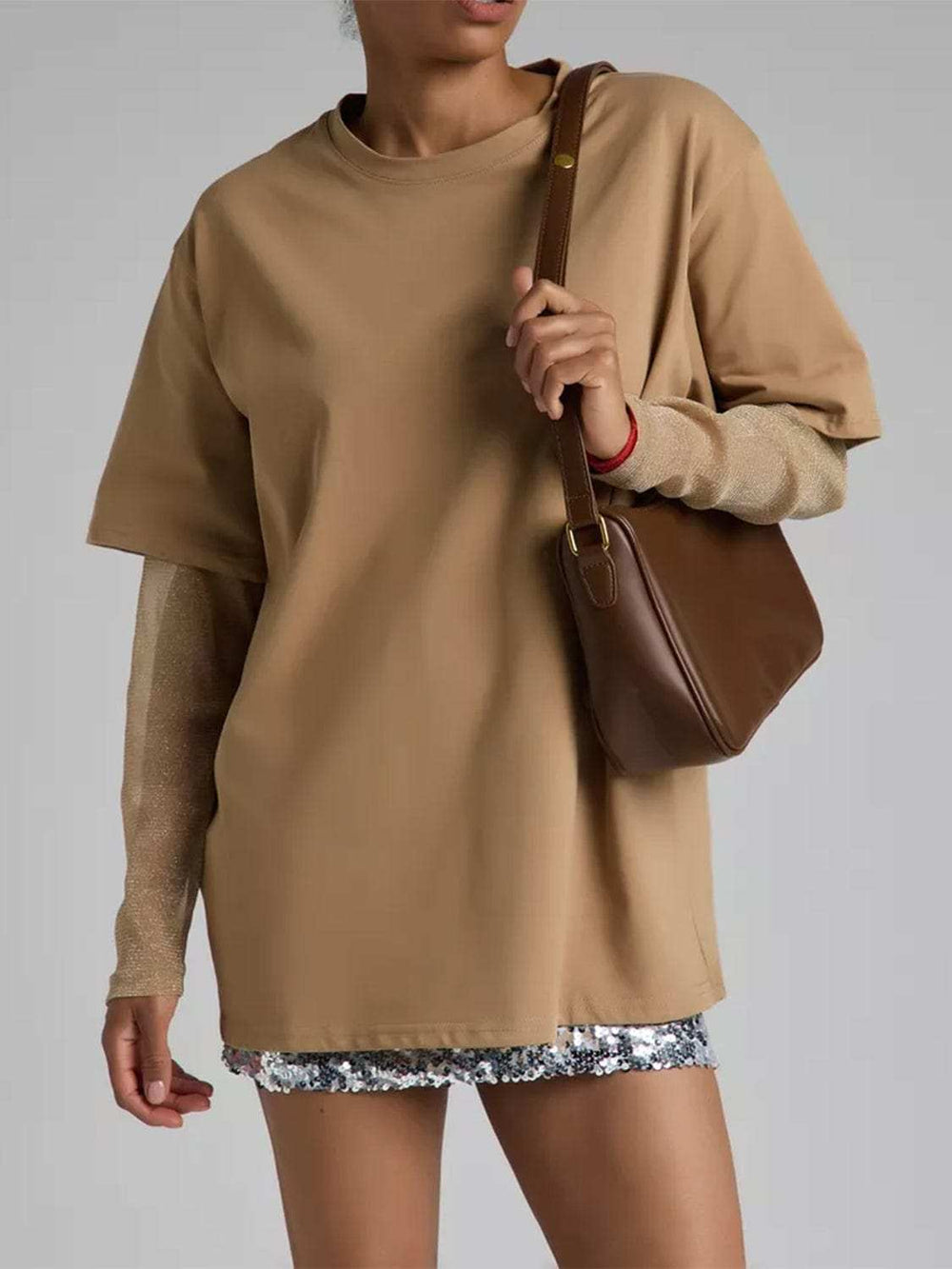 Faux Layered Round Neck Mesh Sleeve Top - Trendsi - Flyclothing LLC