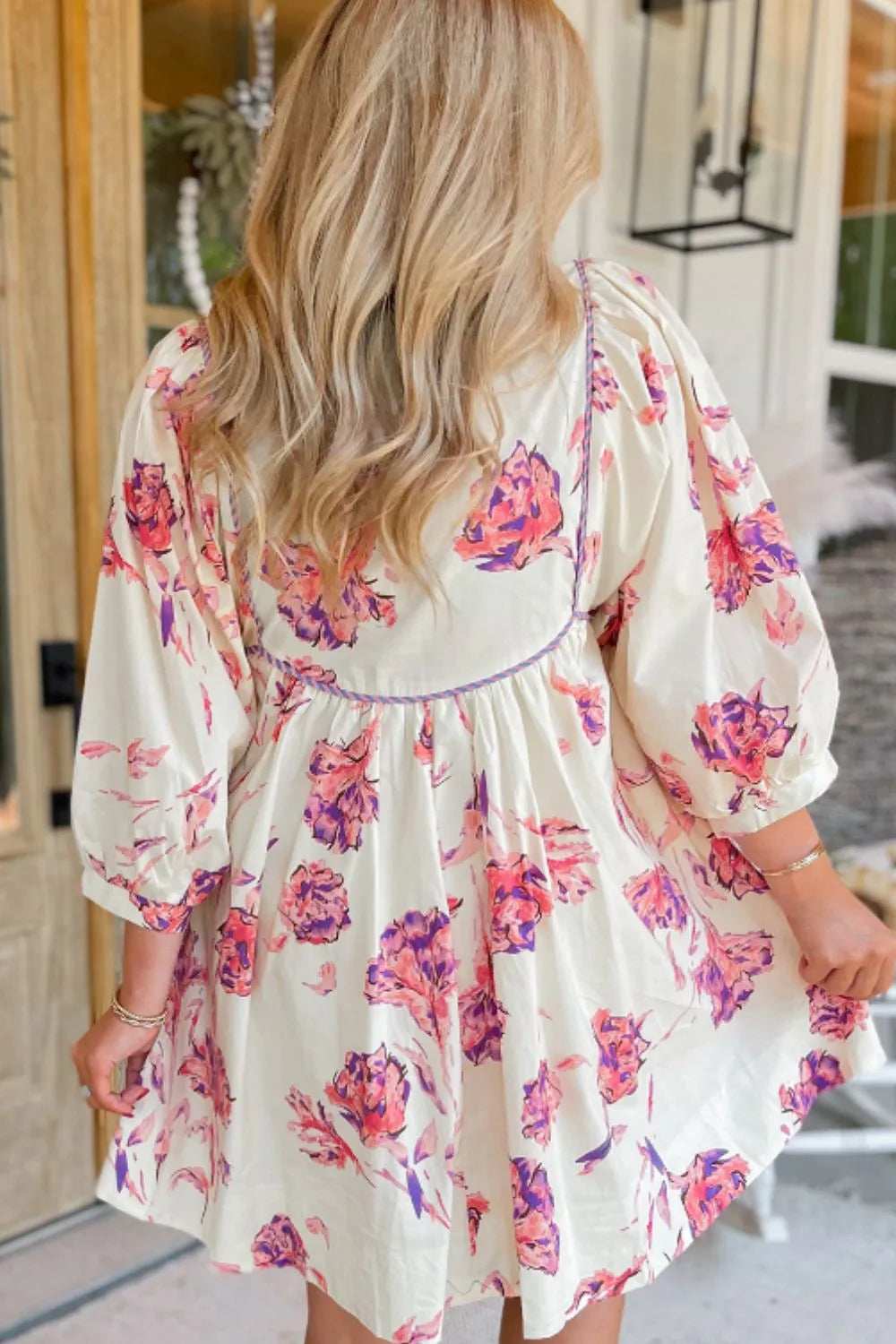 Tied Flower Printed Three-Quarter Sleeve Dress - Trendsi - Flyclothing LLC