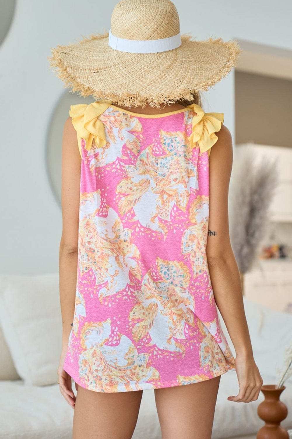 BiBi Printed V Neck Ruffled Tank - Trendsi - Flyclothing LLC