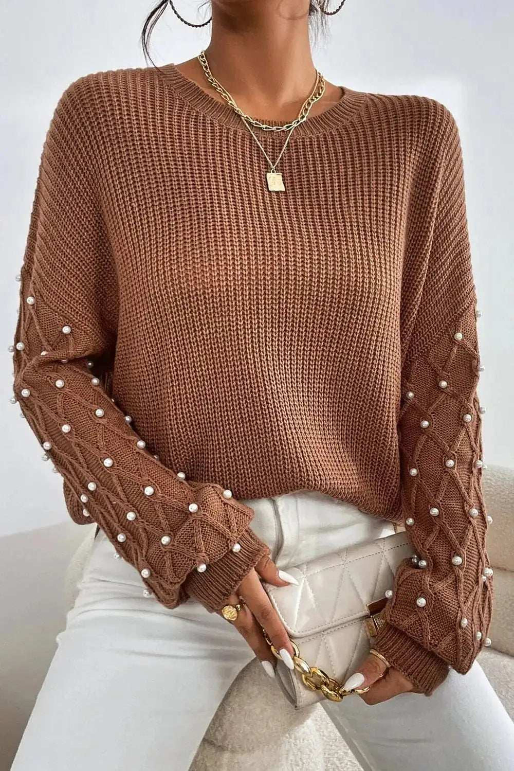Pearl Detail Round Neck Long Sleeve Sweater - Trendsi - Flyclothing LLC