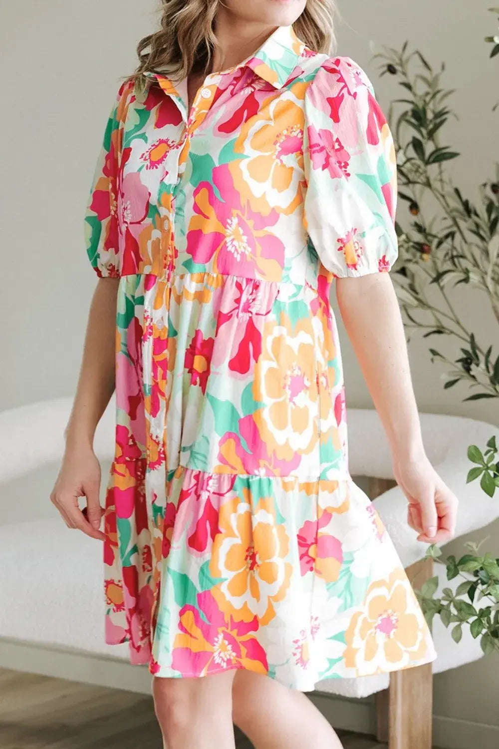 Button Down Floral Puff Sleeve Babydoll Dress - Trendsi - Flyclothing LLC