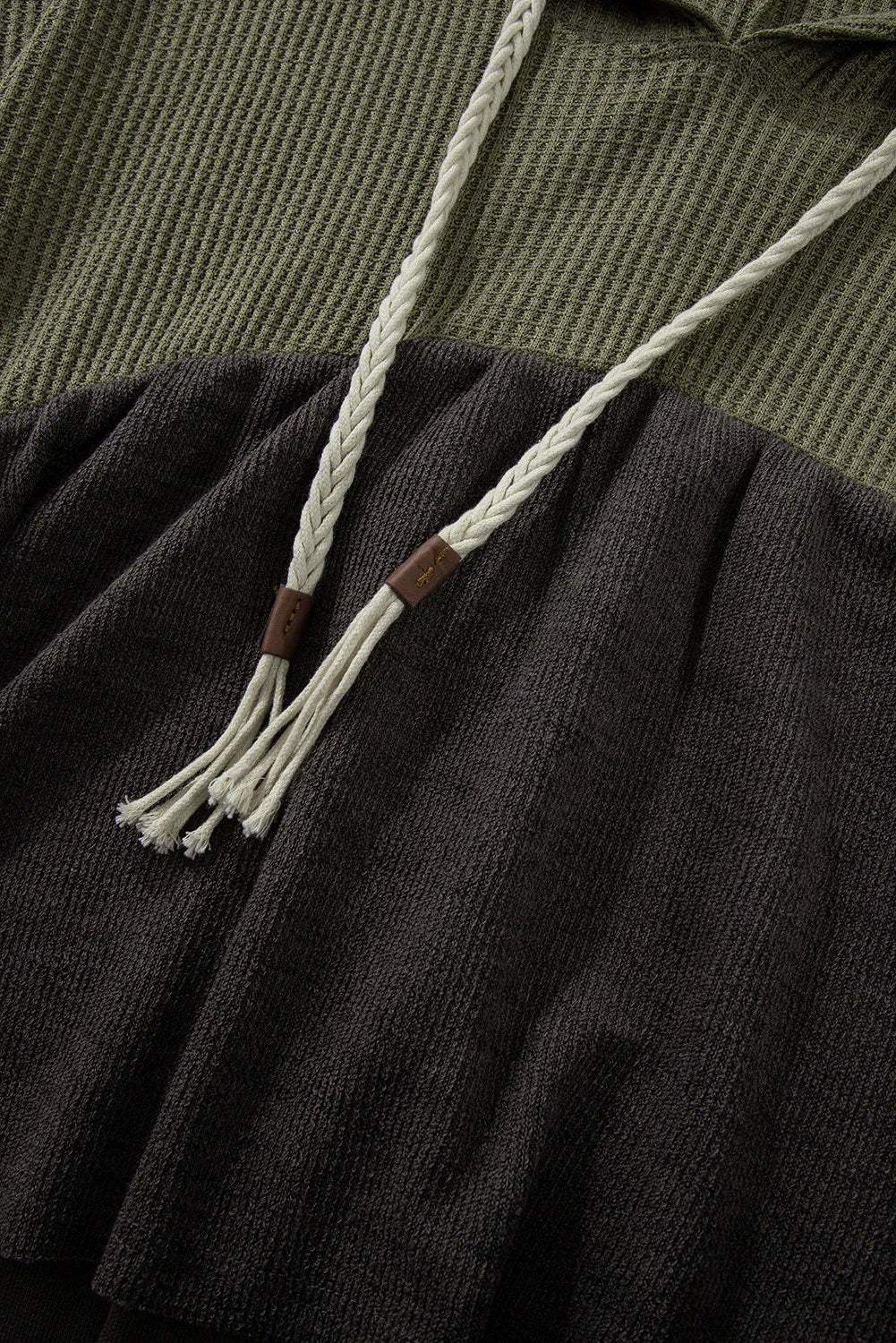 Waffle-Knit High-Low Color Block Hooded Long Sleeve Top - Trendsi - Flyclothing LLC