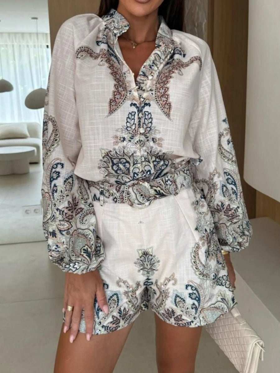 Printed Long Sleeve Shirt and Shorts Set - Trendsi - Flyclothing LLC