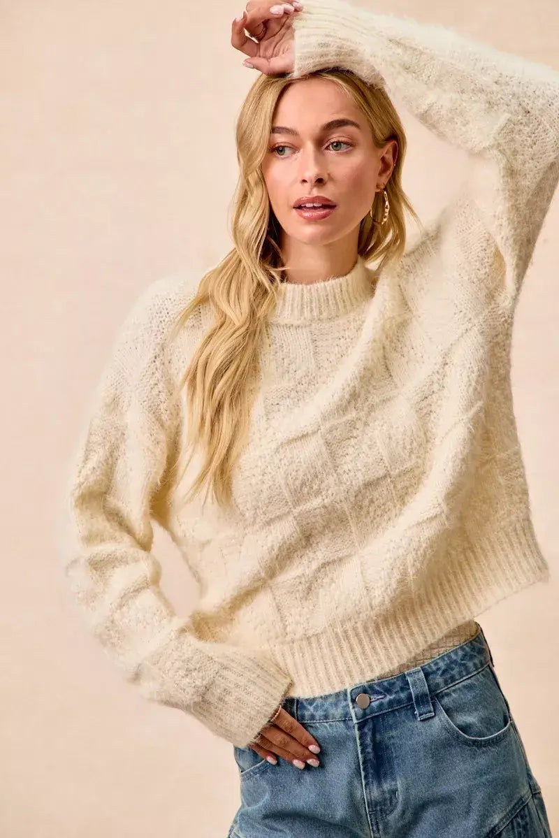 BiBi Checker Board Drop Shoulder Sweater - Trendsi - Flyclothing LLC