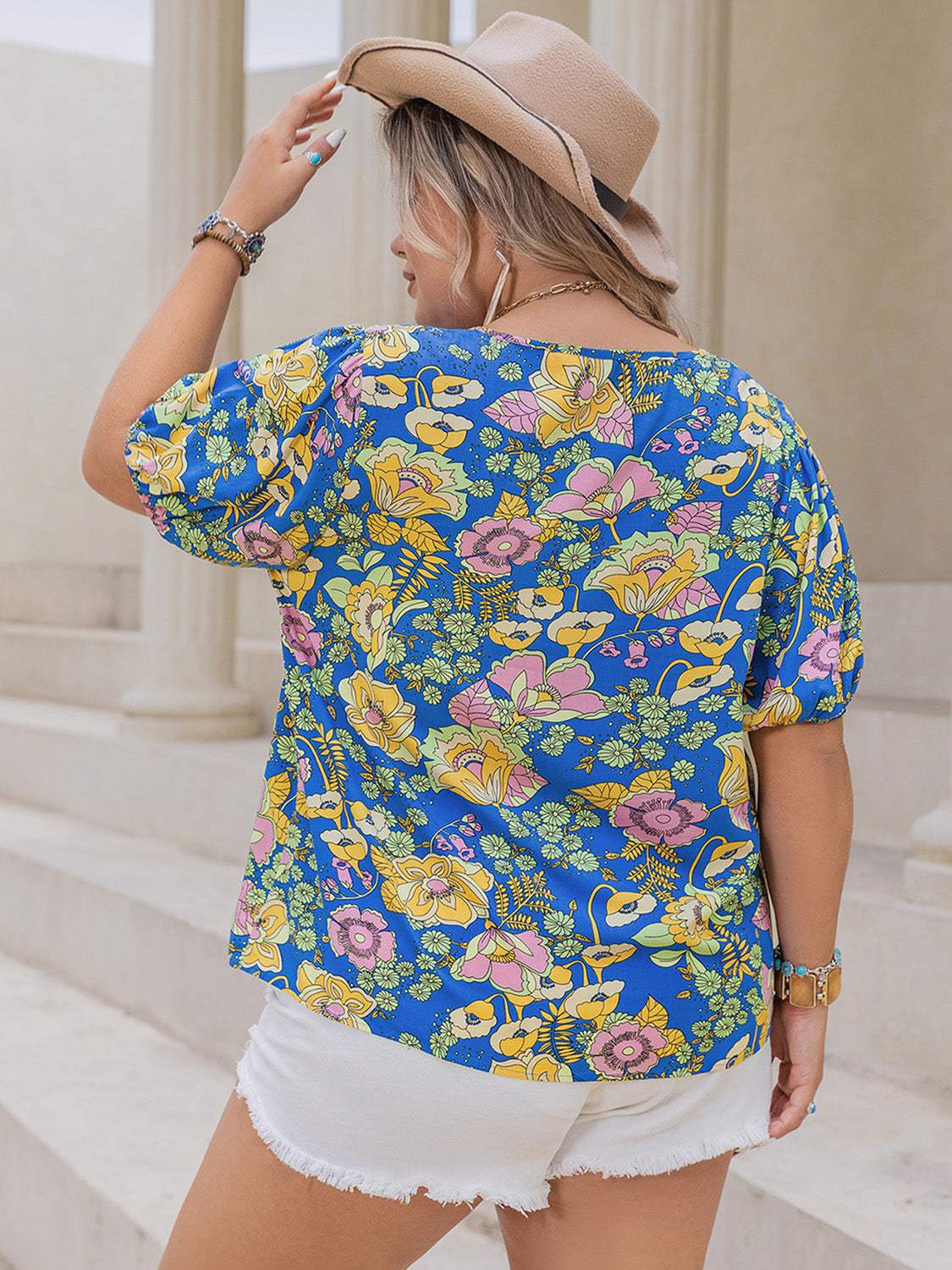 Plus Size Printed Notched Short Sleeve Blouse - Trendsi - Flyclothing LLC