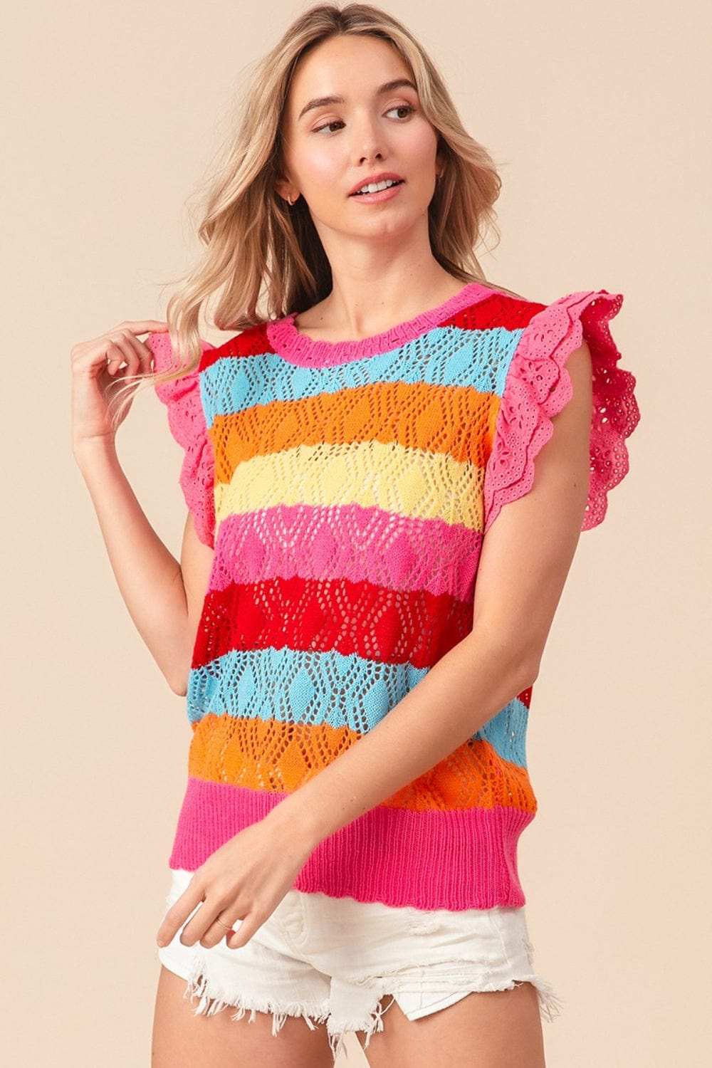 BiBi Pointelle Striped Ruffled Knit Top - Trendsi - Flyclothing LLC