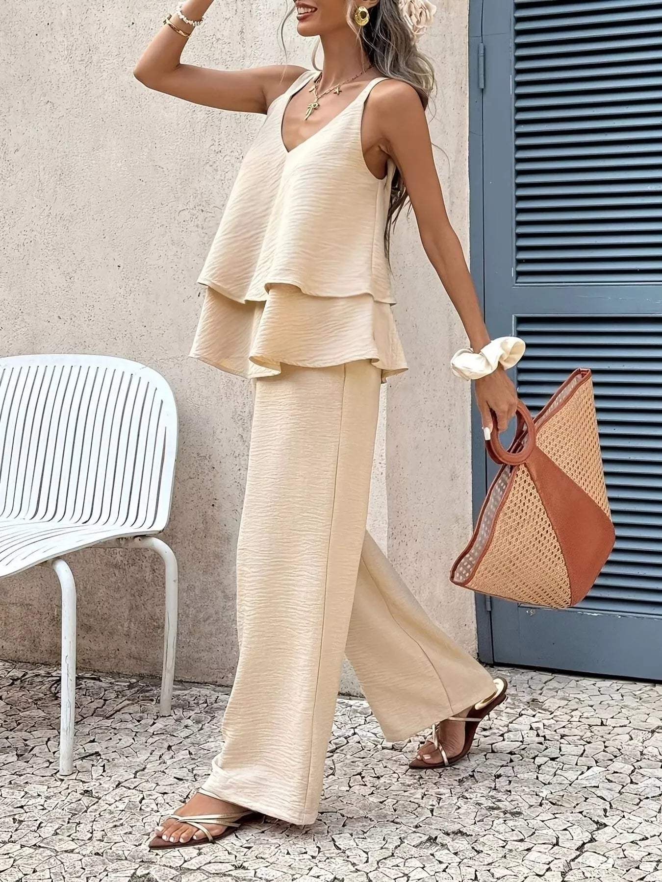 V-Neck Top and Wide-Leg Pants Set - Trendsi - Flyclothing LLC