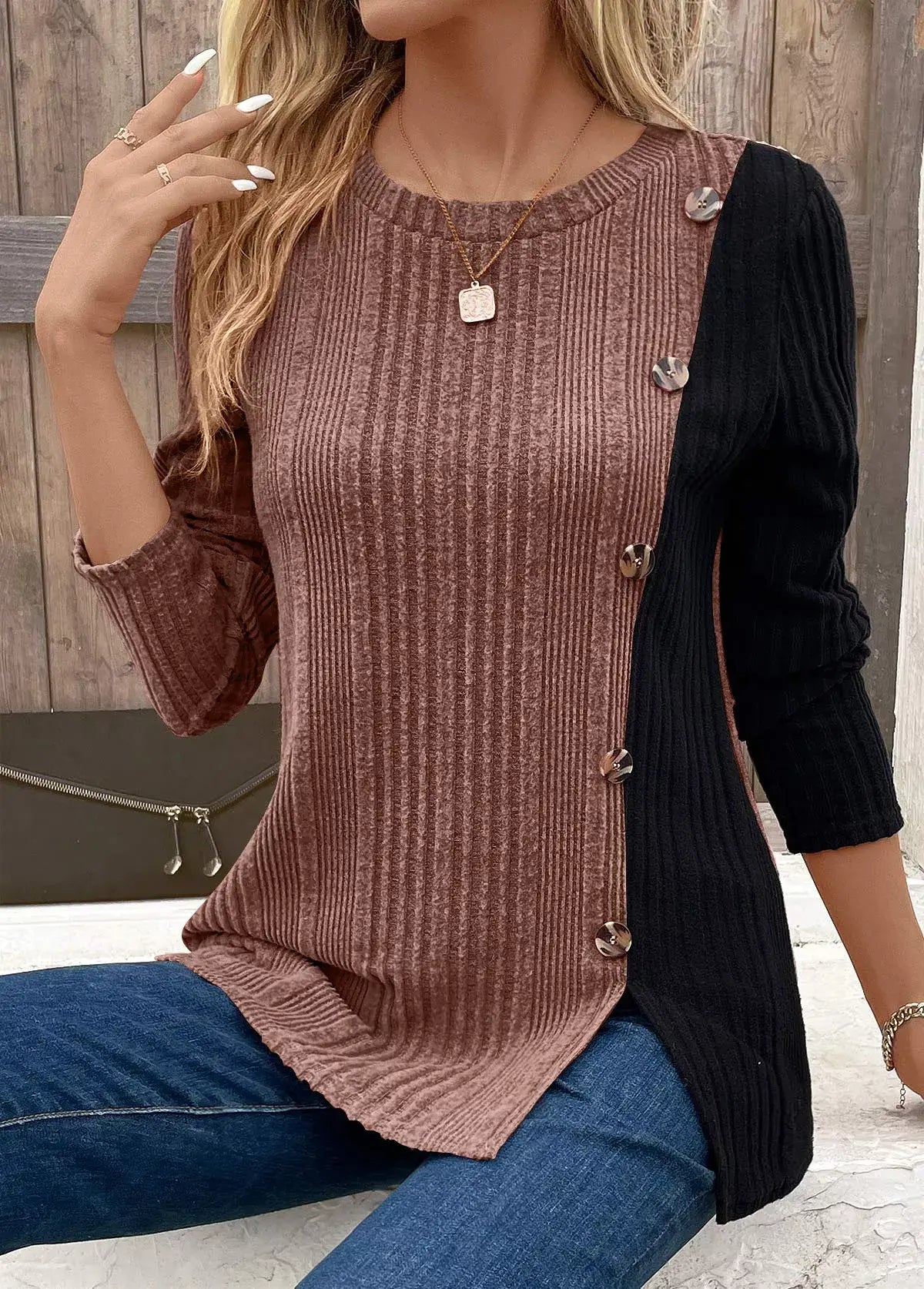 Color Block Ribbed Knit Decor Button T-Shirt - Trendsi - Flyclothing LLC