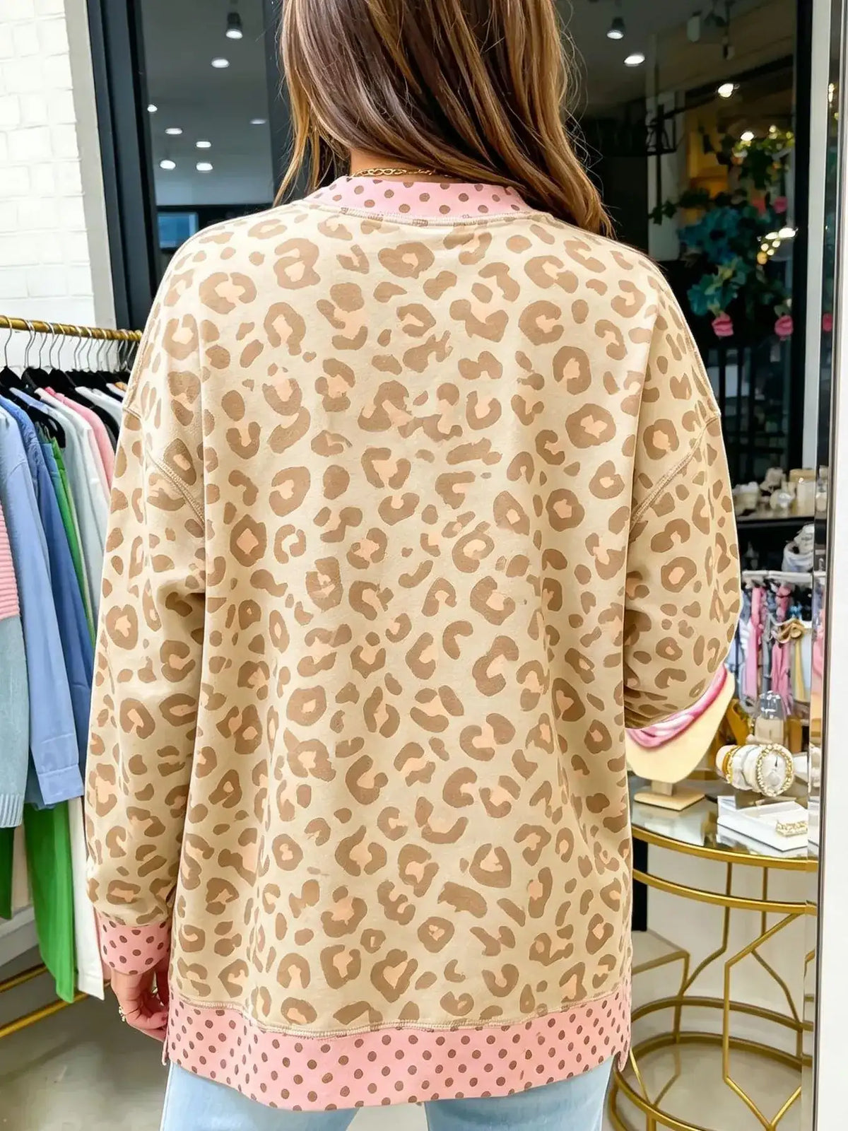 Side Slit Leopard Sweatshirt with Polka Dot Trim - Trendsi - Flyclothing LLC