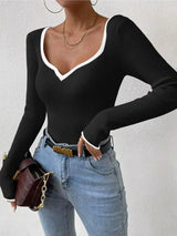 Contrast Trim Long Sleeve Knit Top - Trendsi - Flyclothing LLC