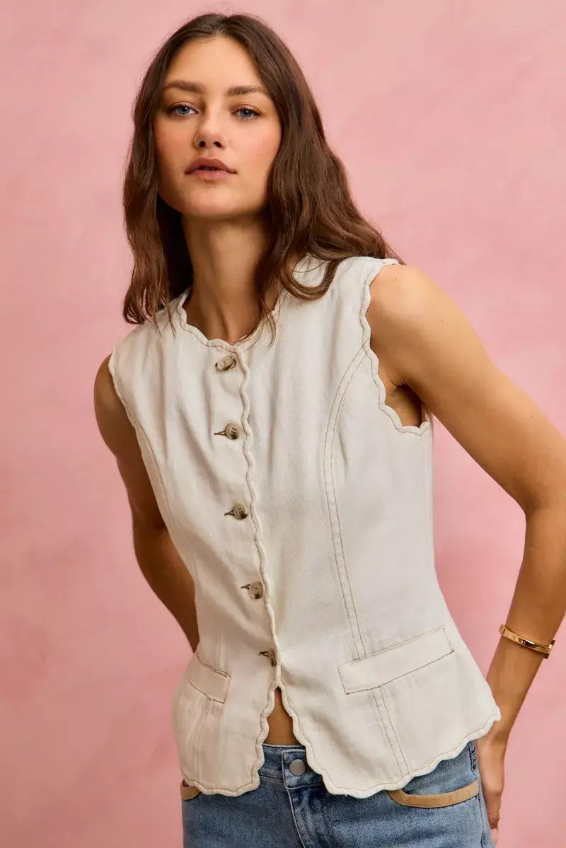 SO ME Scalloped Edge Cotton Twill Washed Vest Top - Trendsi - Flyclothing LLC