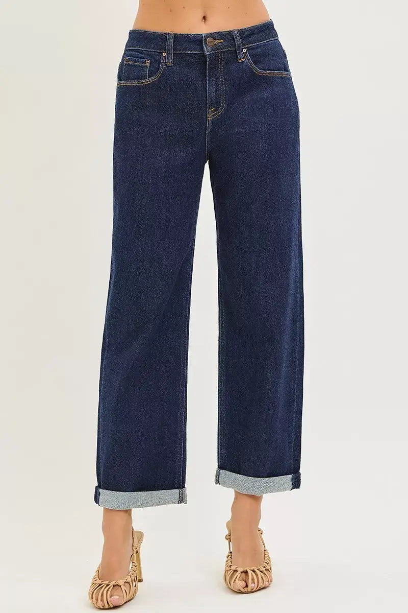 RISEN Slouchy Cropped Boyfriend Jeans With Cuffed Hem - Trendsi - Flyclothing LLC