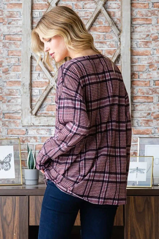 Heimish Full Size Plaid V-Neck Long Sleeve Top - Trendsi - Flyclothing LLC