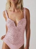 Sequin Wide Strap Bodysuit - Trendsi