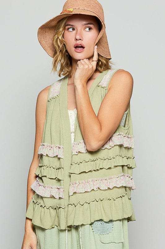 POL Ruffled Open Front Sleeveless Cardigan - Trendsi - Flyclothing LLC