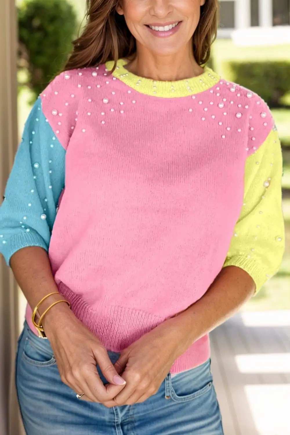 Pearl Detail Contrast Round Neck Sweater - Trendsi - Flyclothing LLC