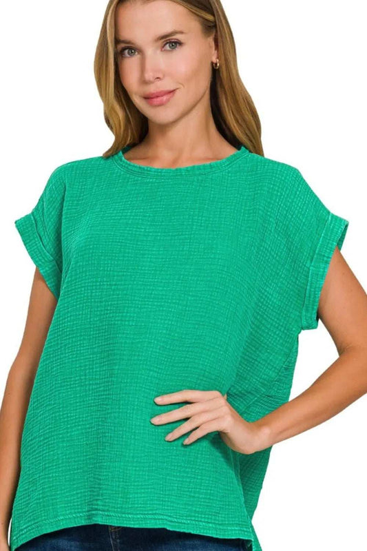 Zenana Woven Double Gauze Acid Washed Short Sleeve Top - Trendsi - Flyclothing LLC