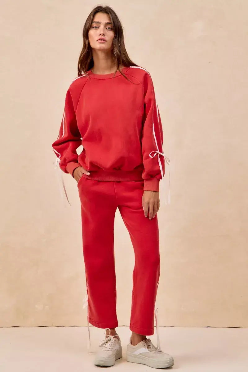 BiBi Side Lined Bow Details Fleece Sweatshirt - Trendsi - Flyclothing LLC