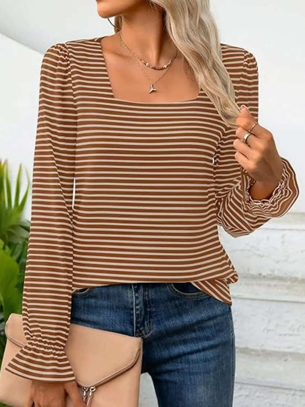 Striped Square Neck Flounce Sleeve Top - Trendsi - Flyclothing LLC