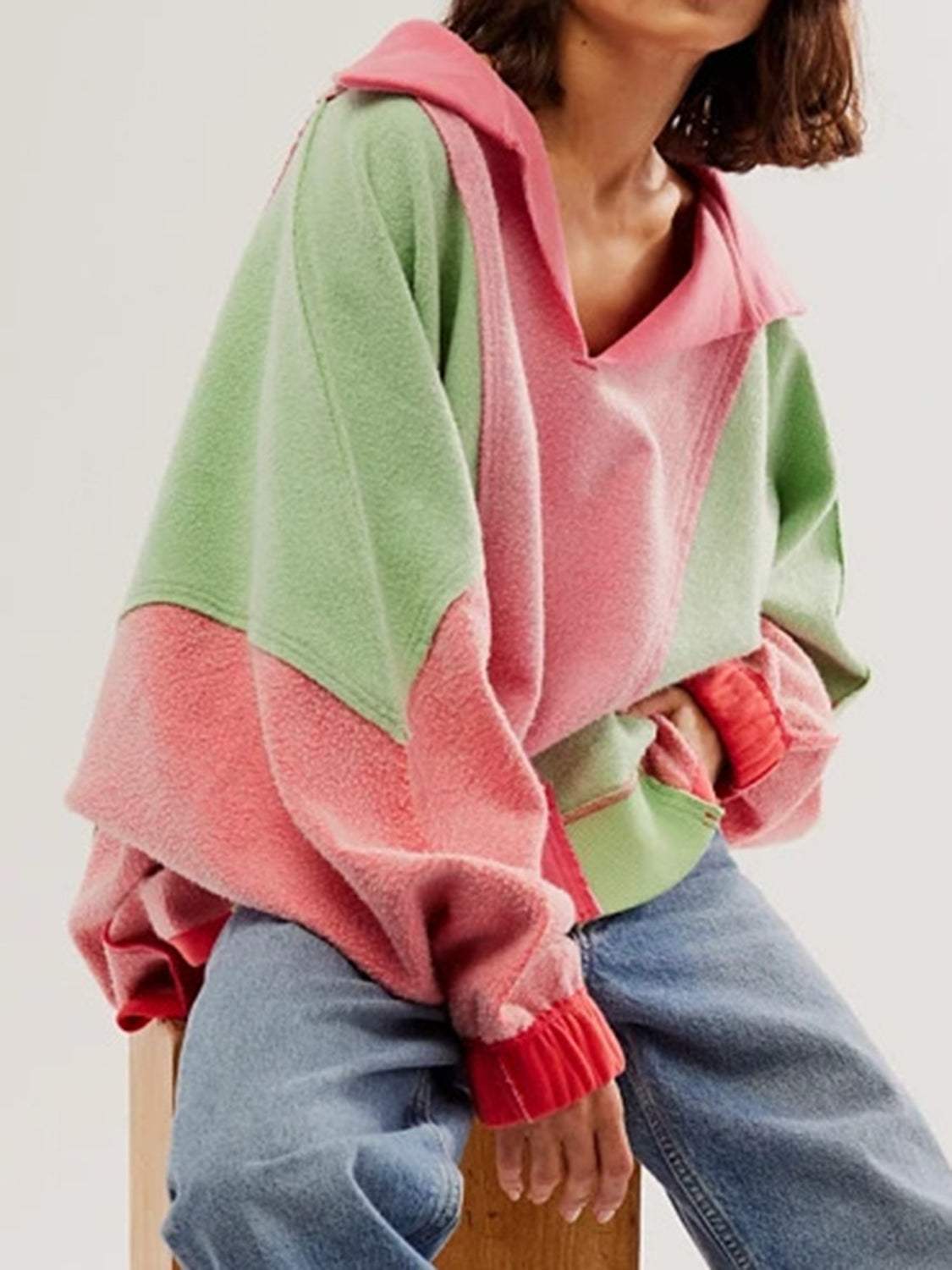 High-Low Exposed Seam Contrast Long Sleeve Sweatshirt - Trendsi - Flyclothing LLC