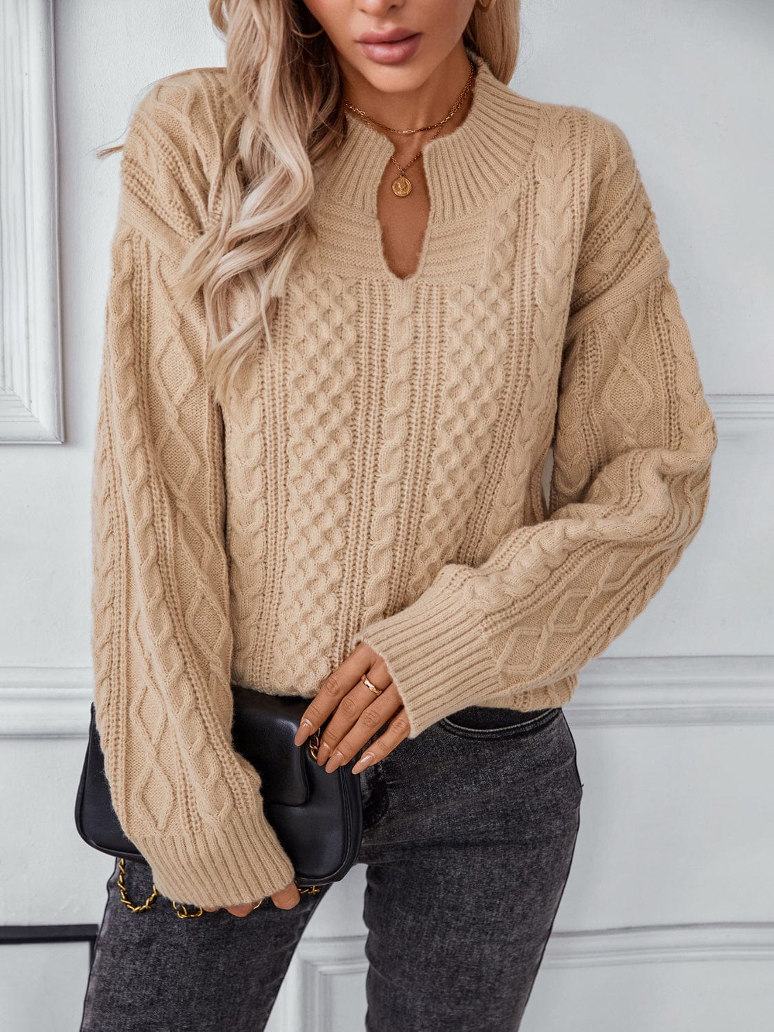 Cable-Knit Notched Long Sleeve Sweater - Trendsi