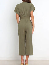 Notched Short Sleeve Tie Waist Jumpsuit - Trendsi - Flyclothing LLC