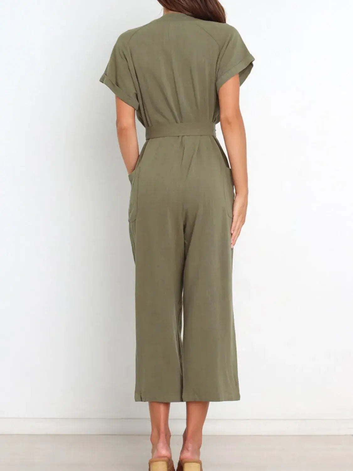 Notched Short Sleeve Tie Waist Jumpsuit - Trendsi - Flyclothing LLC