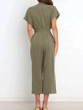 Notched Short Sleeve Tie Waist Jumpsuit - Trendsi