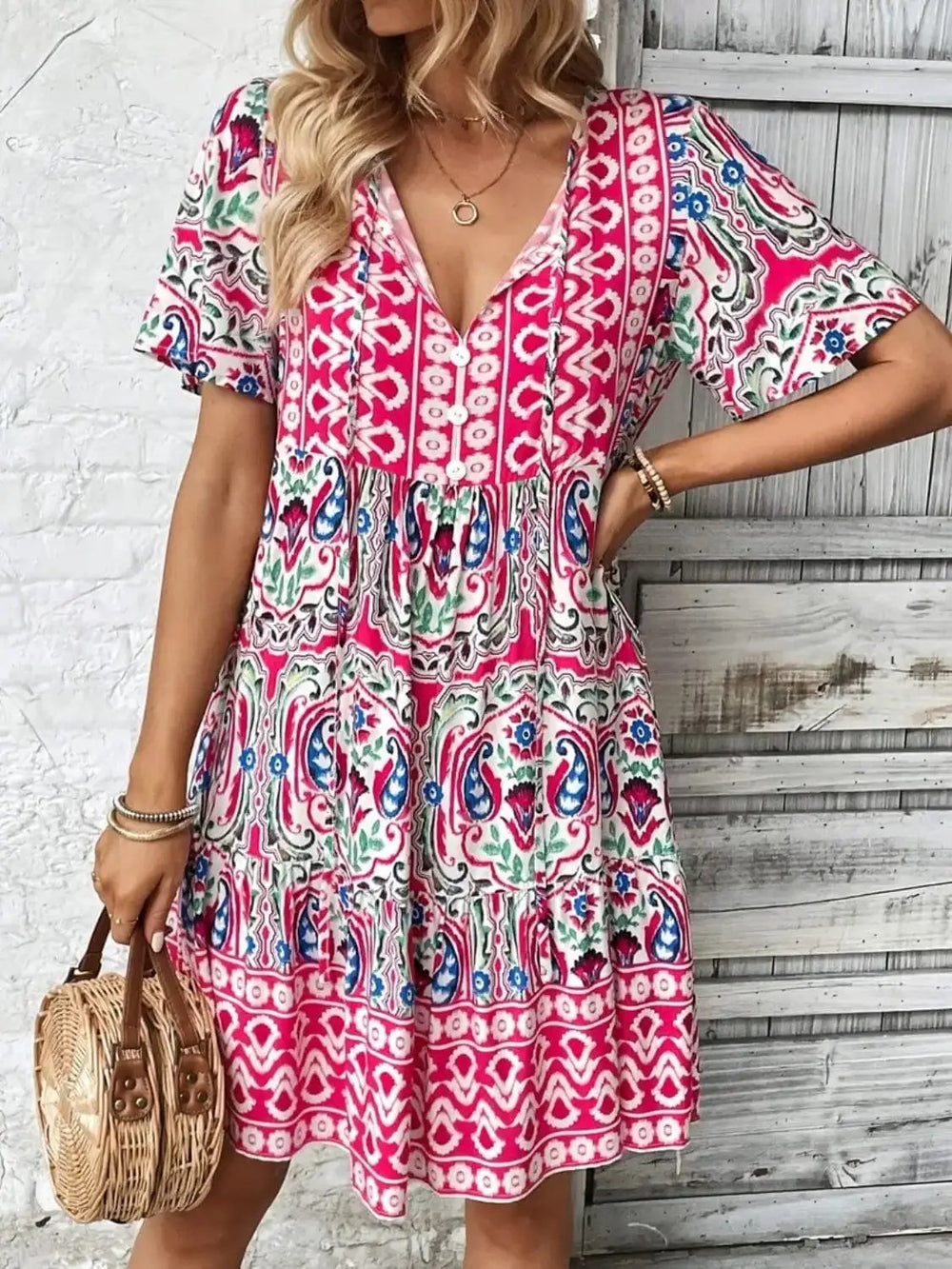 Printed Tie Neck Short Sleeve Dress - Trendsi