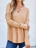 Waffle-Knit Notched Long Sleeve T-Shirt - Trendsi