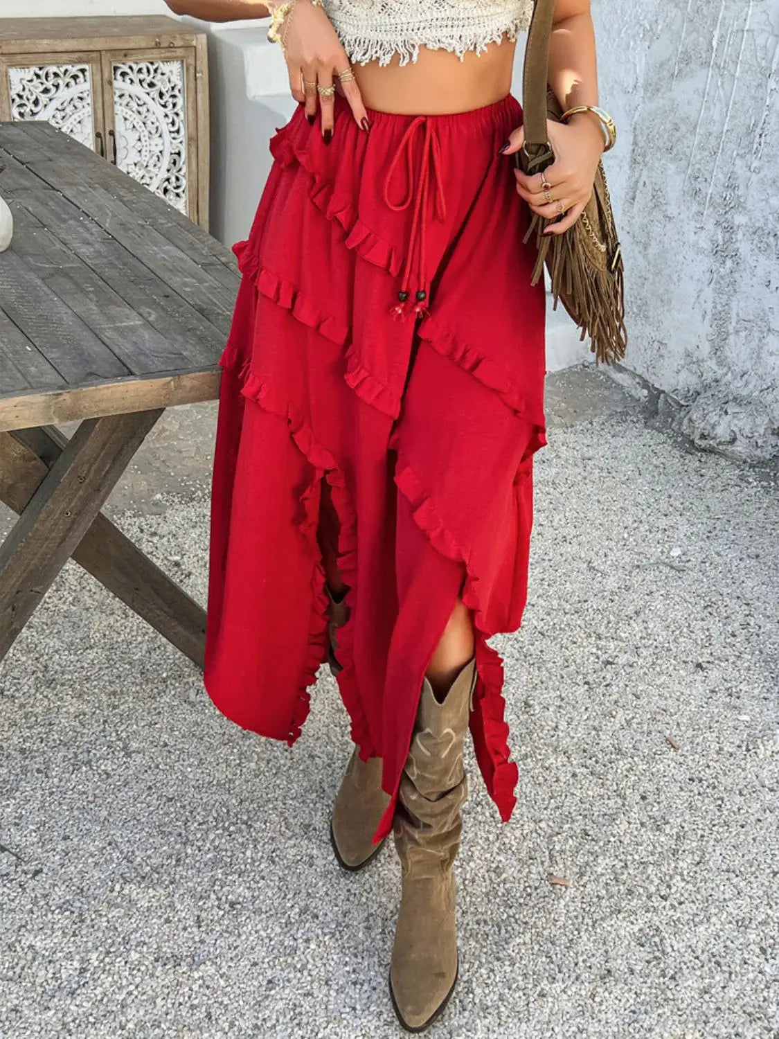 Devine Slit Drawstring Ruffled Skirt - Trendsi - Flyclothing LLC