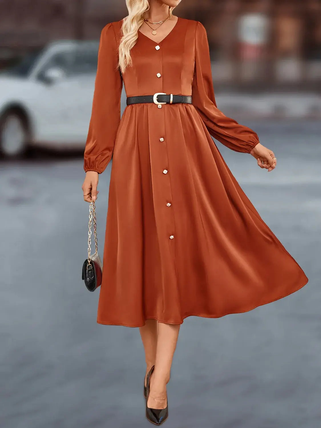 V-Neck Balloon Sleeve Midi Dress - Trendsi - Flyclothing LLC