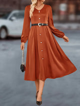 V-Neck Balloon Sleeve Midi Dress - Trendsi - Flyclothing LLC
