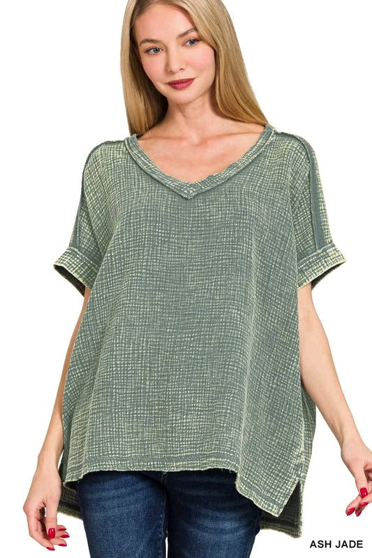 Zenana Acid Washed Double Gauze V-Neck Tee - Trendsi - Flyclothing LLC