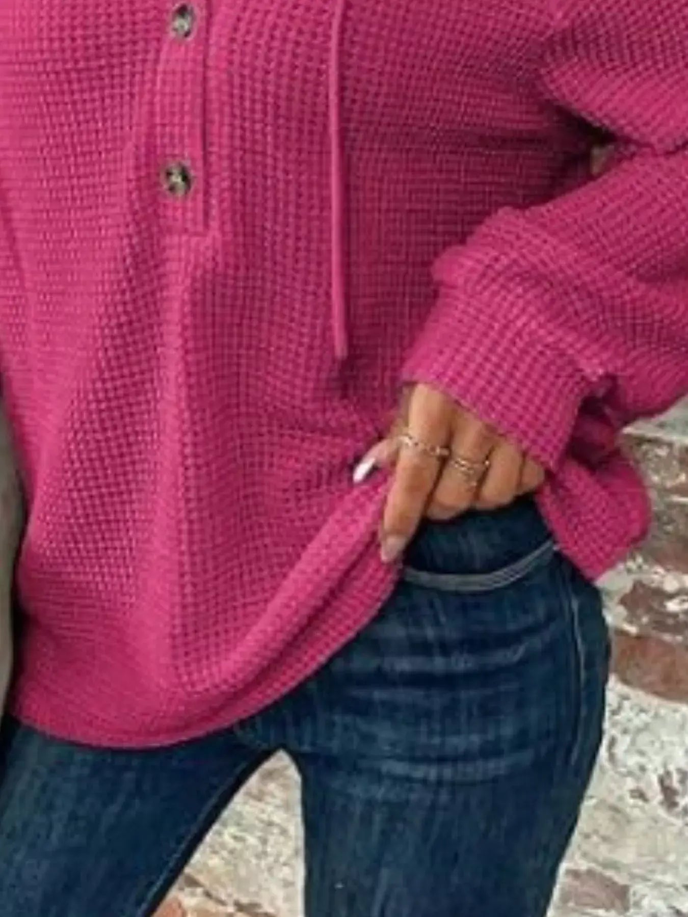 Waffle Knit Button Detail Hoodie - Trendsi - Flyclothing LLC