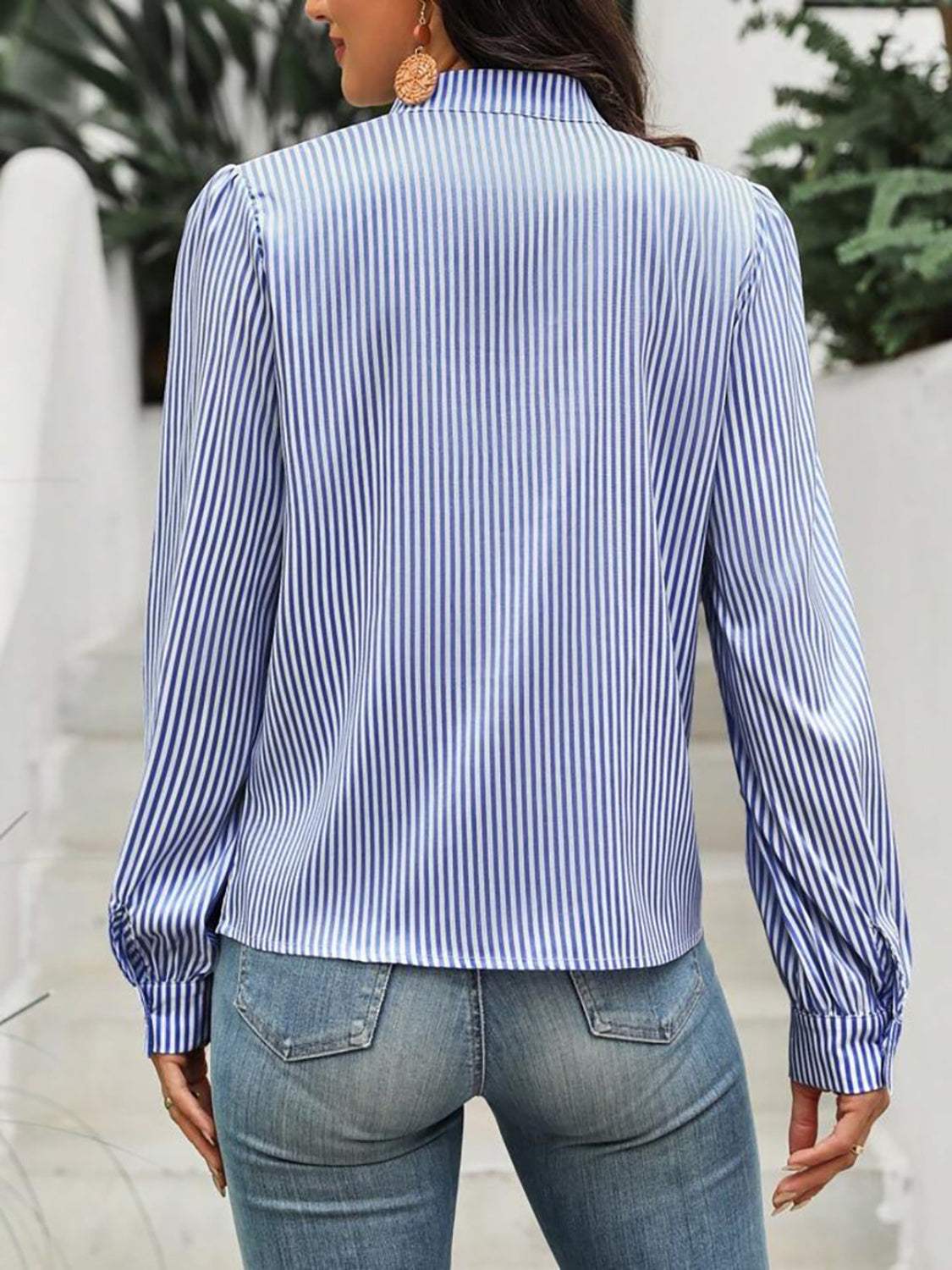 Striped Tie Neck Long Sleeve Blouse - Trendsi - Flyclothing LLC