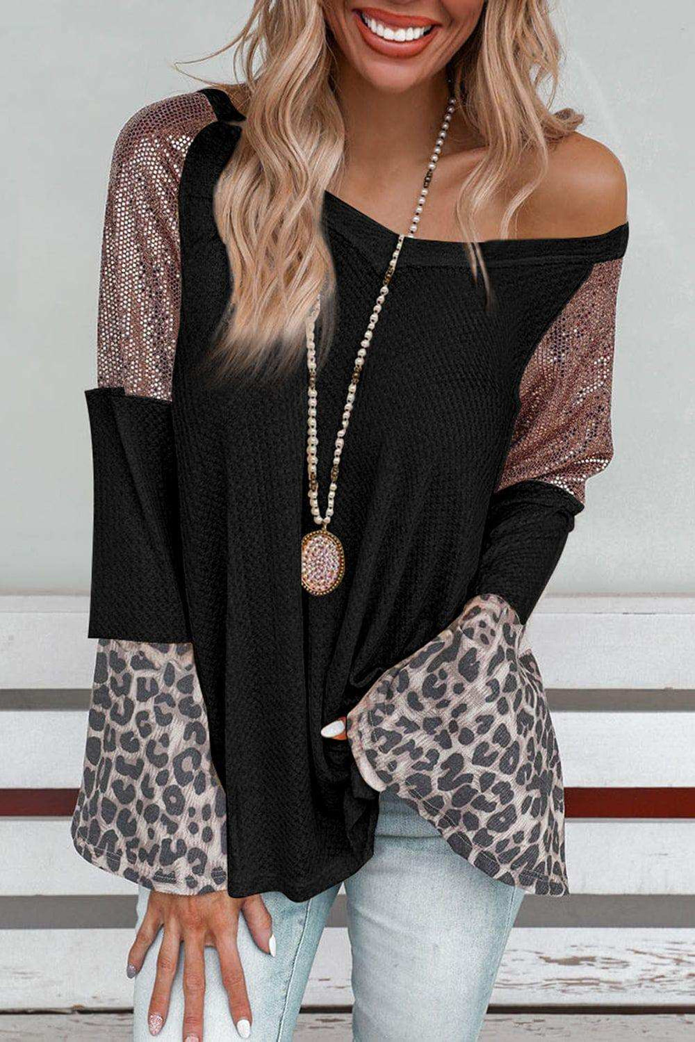 Leopard V-Neck Long Sleeve Top - Trendsi - Flyclothing LLC