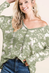 BiBi Tie Dye Print Waffle V Neck Top with Contrast - Trendsi - Flyclothing LLC