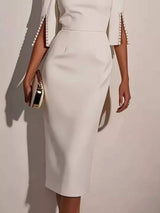 Slim-Fit Elegant Midi Dress with Beaded Slit Sleeve - Trendsi - Flyclothing LLC