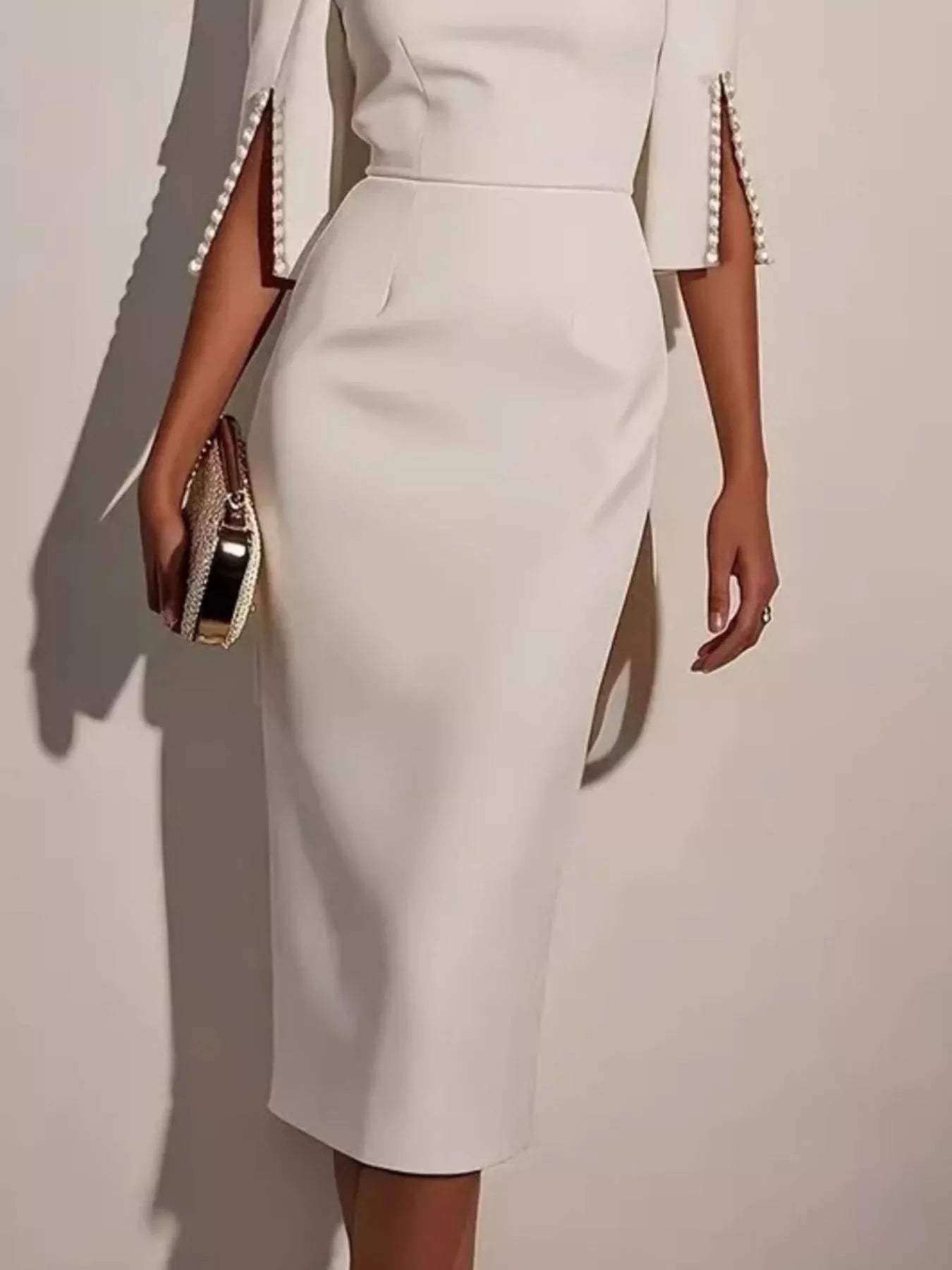 Slim-Fit Elegant Midi Dress with Beaded Slit Sleeve - Trendsi - Flyclothing LLC