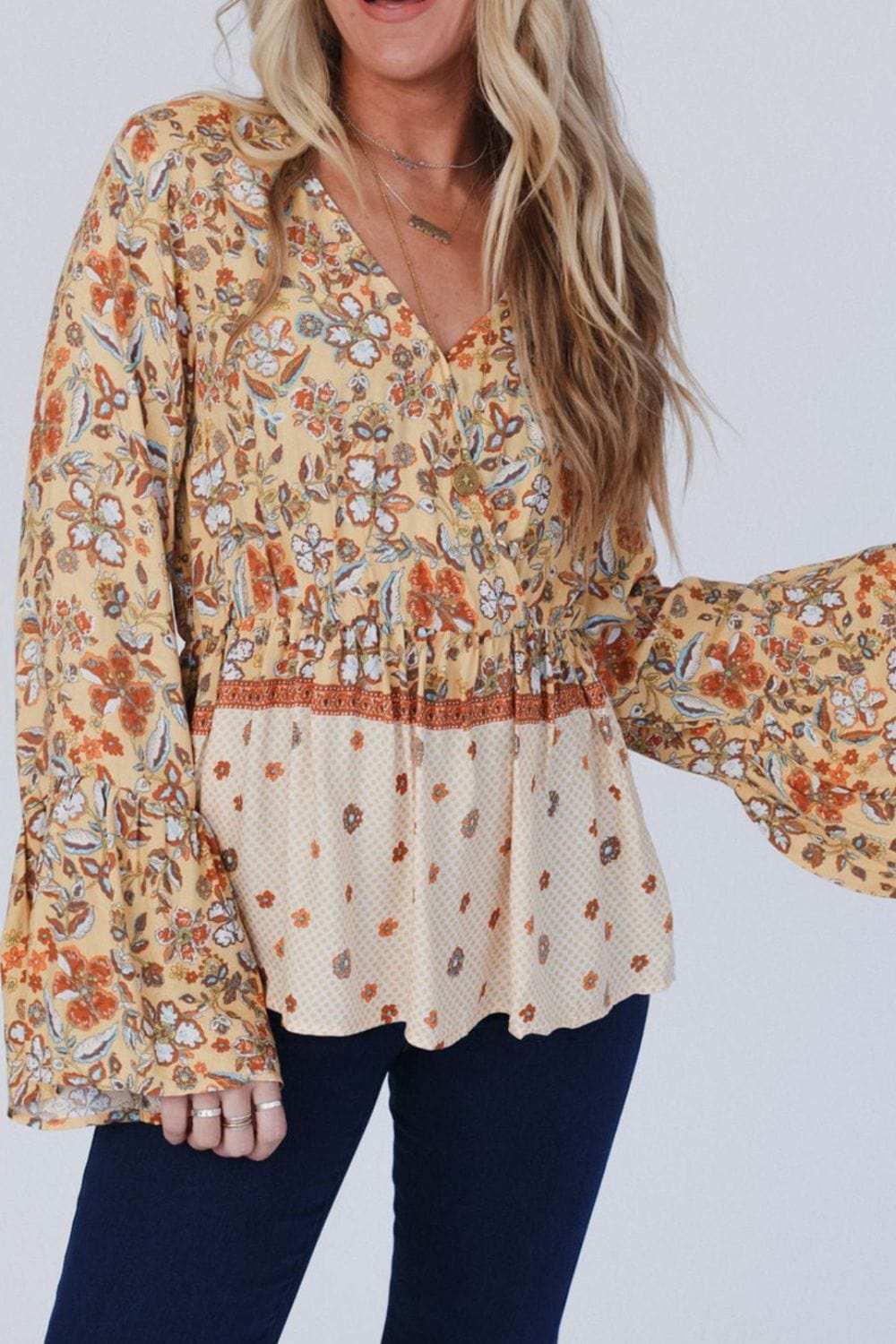 Peplum Printed Surplice Flare Sleeve Blouse - Trendsi - Flyclothing LLC