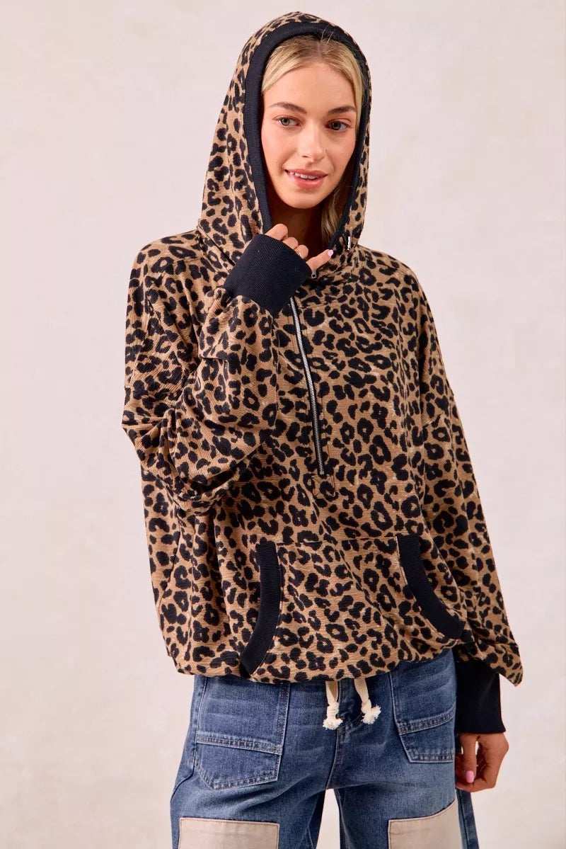 BiBi Leopard Print Waffle Half Zip Up Hoodie W Pocket - Trendsi - Flyclothing LLC