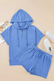 Drawstring Zipped Short Sleeve Hoodie and Shorts Set - Trendsi - Flyclothing LLC