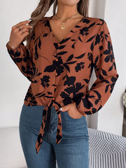 Printed V-Neck Long Sleeve Blouse - Trendsi