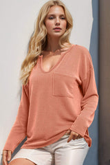 Double Take Striped Notched Long Sleeve T-Shirt - Trendsi - Flyclothing LLC