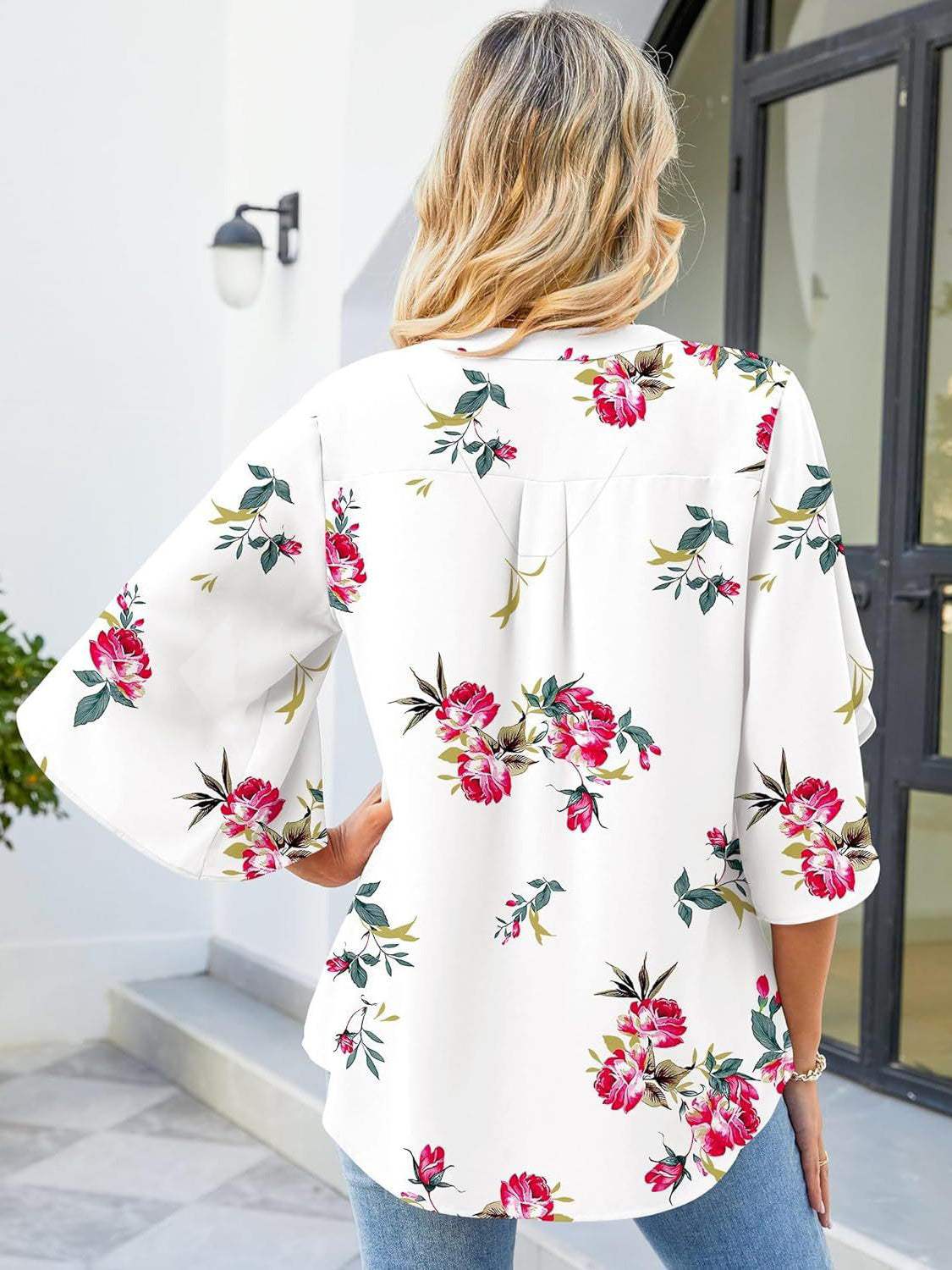 Printed Notched Half Sleeve Blouse - Trendsi - Flyclothing LLC