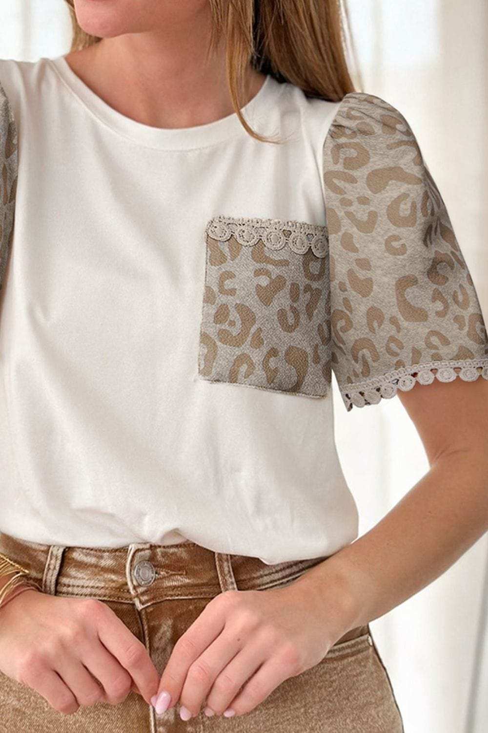 Leopard Patchwork Crochet Lace Trim Puff Sleeve T Shirt - Trendsi - Flyclothing LLC